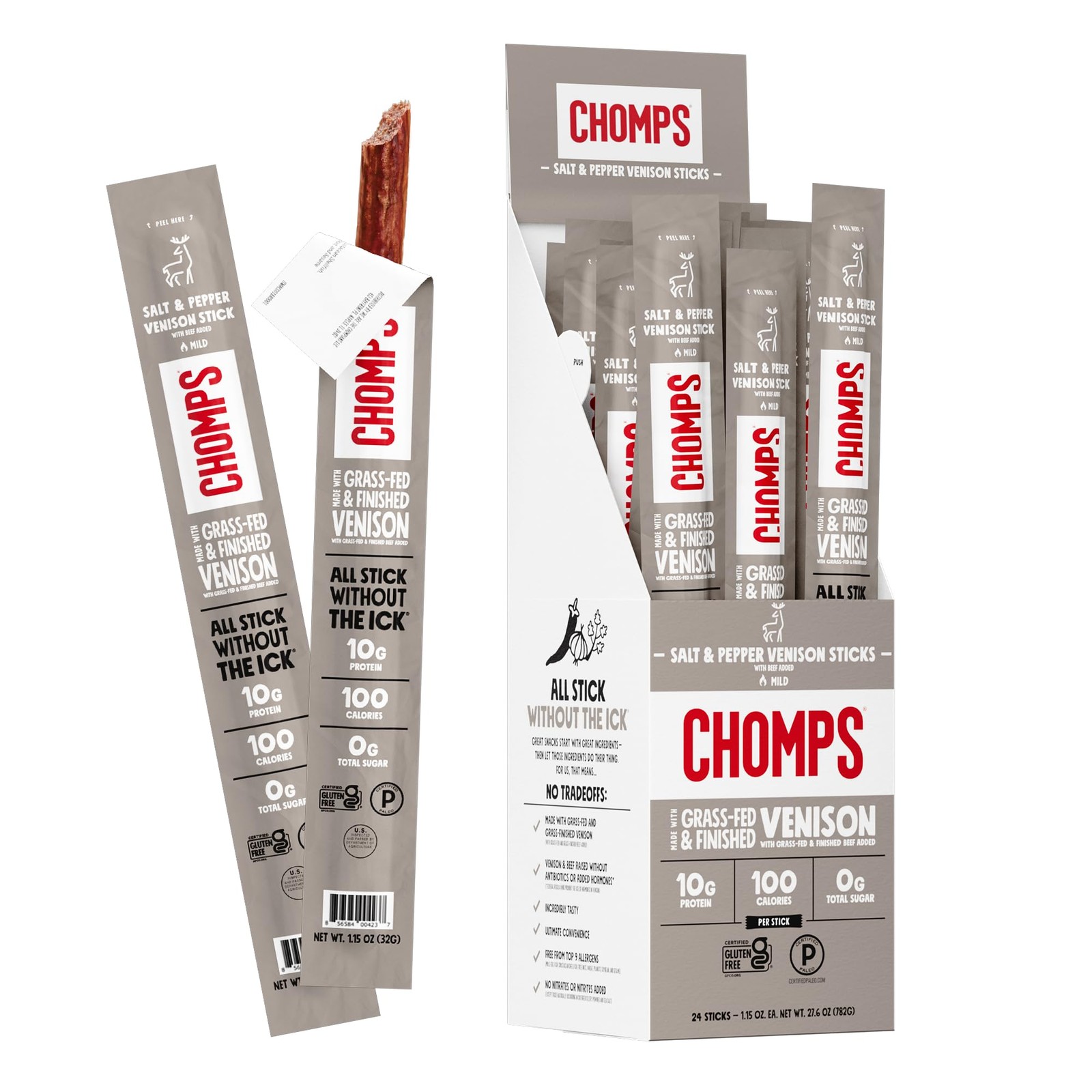 Chomps Grass Fed Venison Jerky Snack Sticks, Keto & Paleo, Whole30 Approved, ...