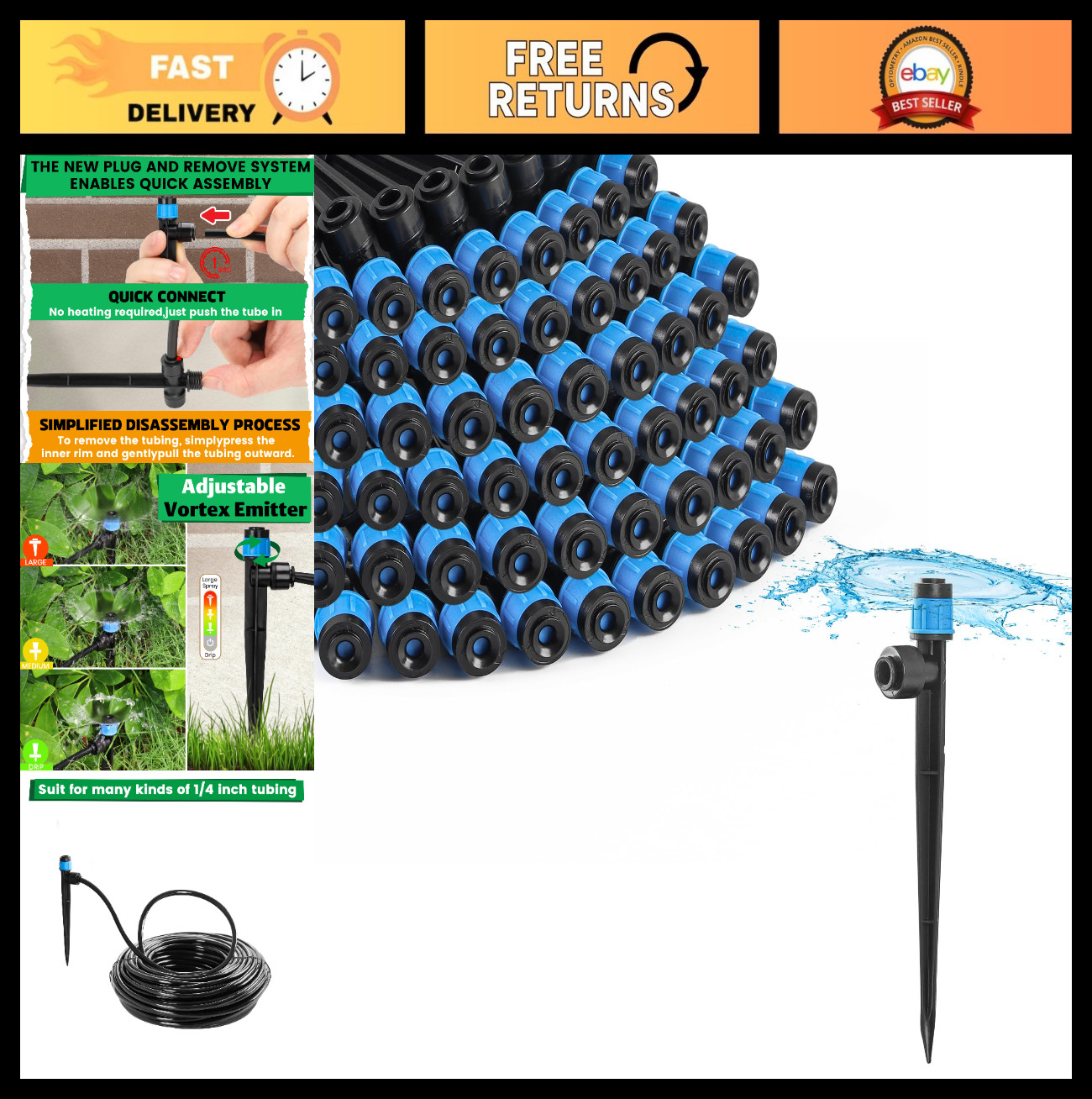 60pcs Adjustable 360° Drip Irrigation Emitters for 1/4" Tubing - Sturdy Stakes