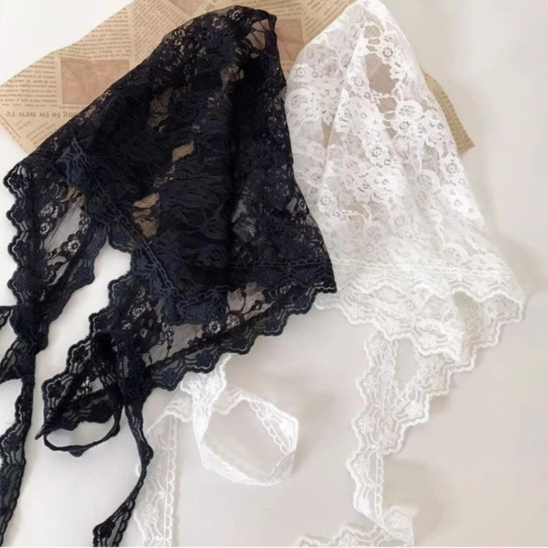 Spring Summer Lace Trim Triangle Hair Scarf Women 2-in-1 Waist Scarf Headscarf V