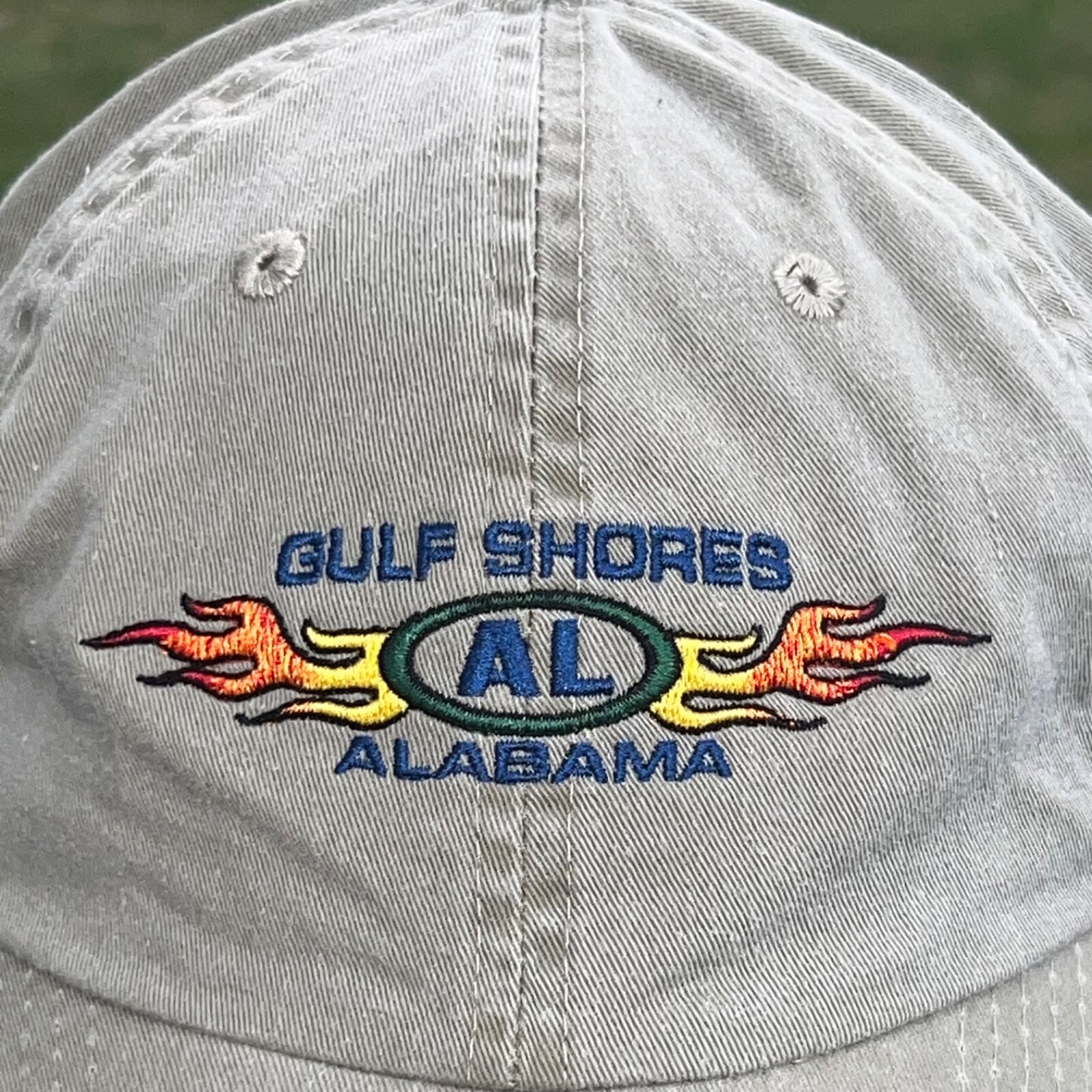 Gulf Shores Alabama w Flames on Light Green Hat Cap Hook Loop EUC