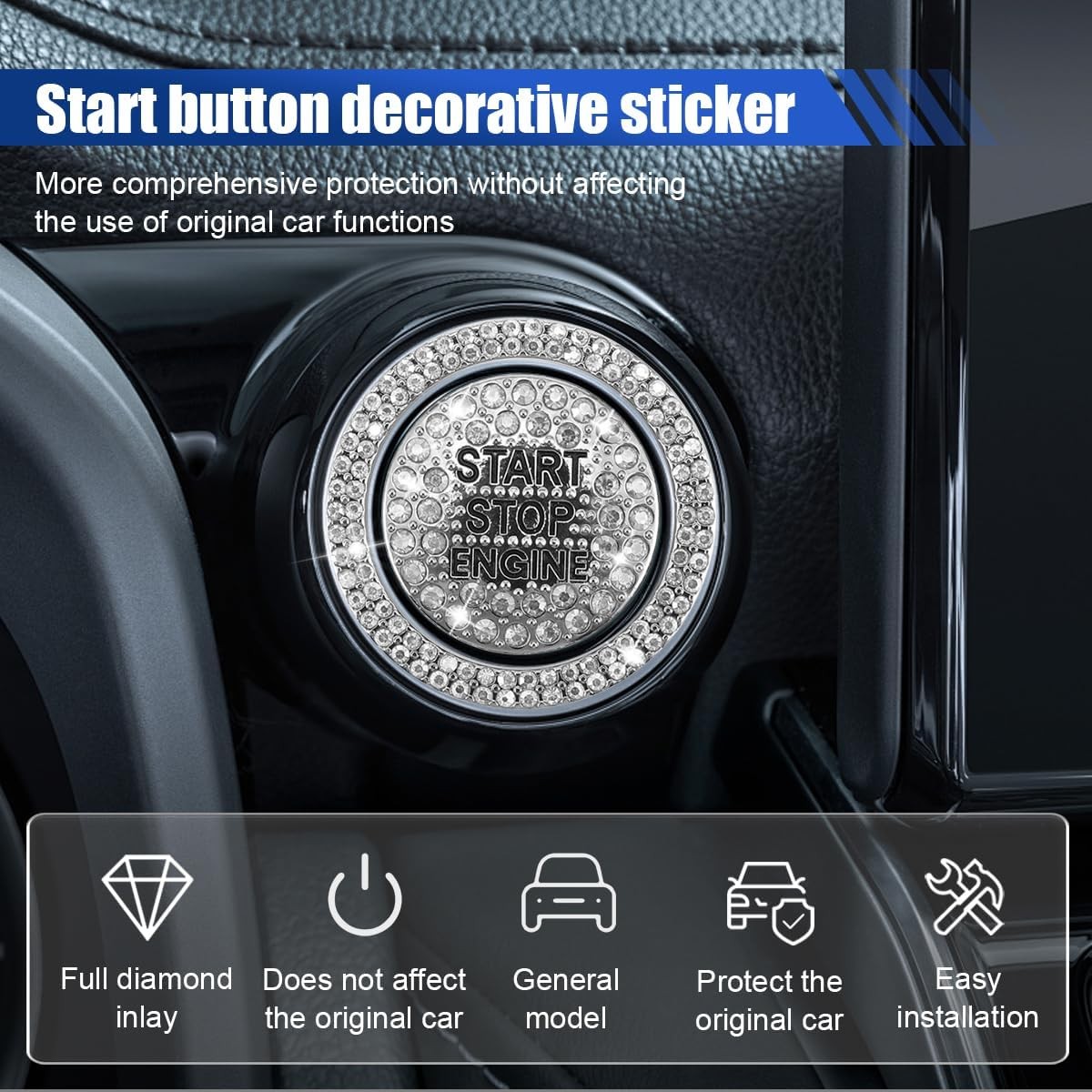 Bling Crystal Car Engine Start Ring Sticker, Sparkling Rhinestone Push Start But