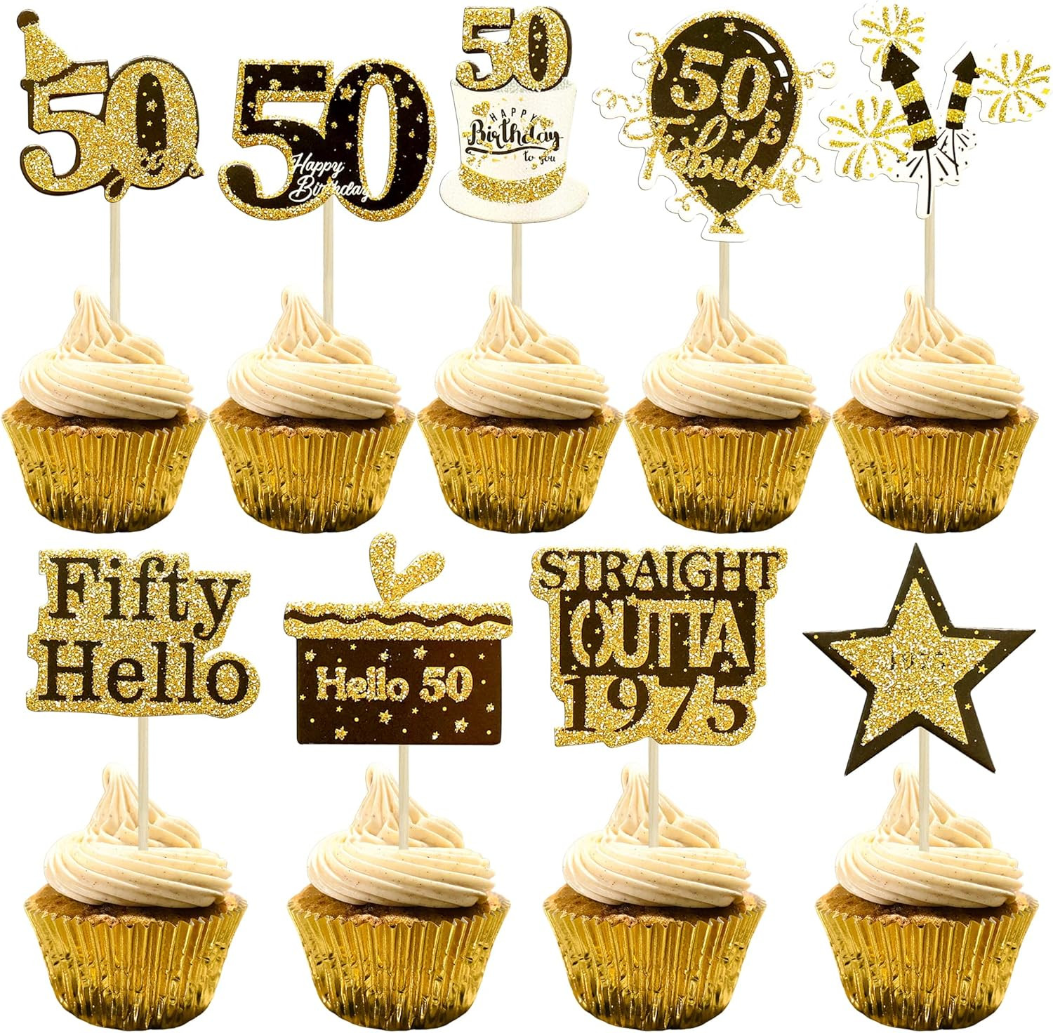 36Pcs Happy 50Th Birthday Cupcake Toppers Glitter Black Gold Fifty Straight Outt