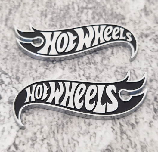 2x Metal Hotwheels Decal Emblem Hood Badge Black Silver Hot Wheels Fender Lid