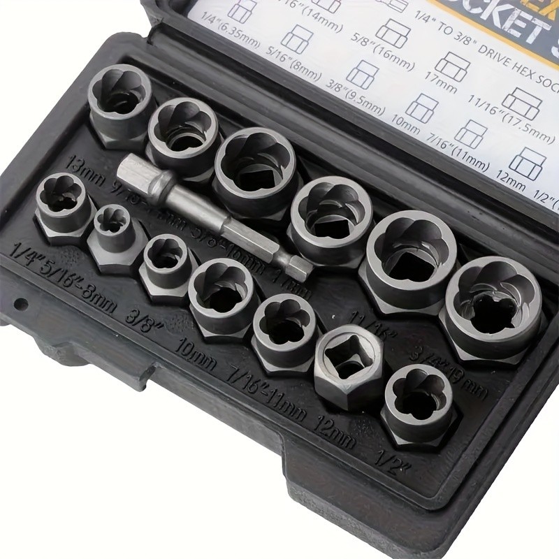 Impact Nut & Bolt Remover Set 3/8" Bolt Extractor Tool Socket Kit With Case 14pc