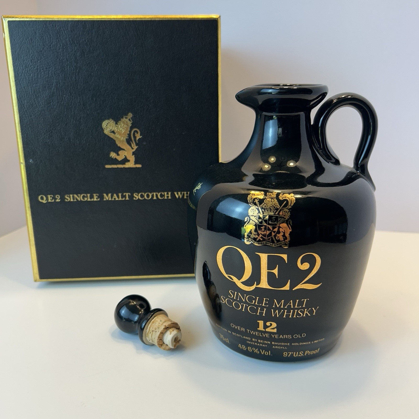 Vtg QE2 Cruise Ship Empty Bottle W/ Stopper and Lined Box Single Malt Scotch Jug