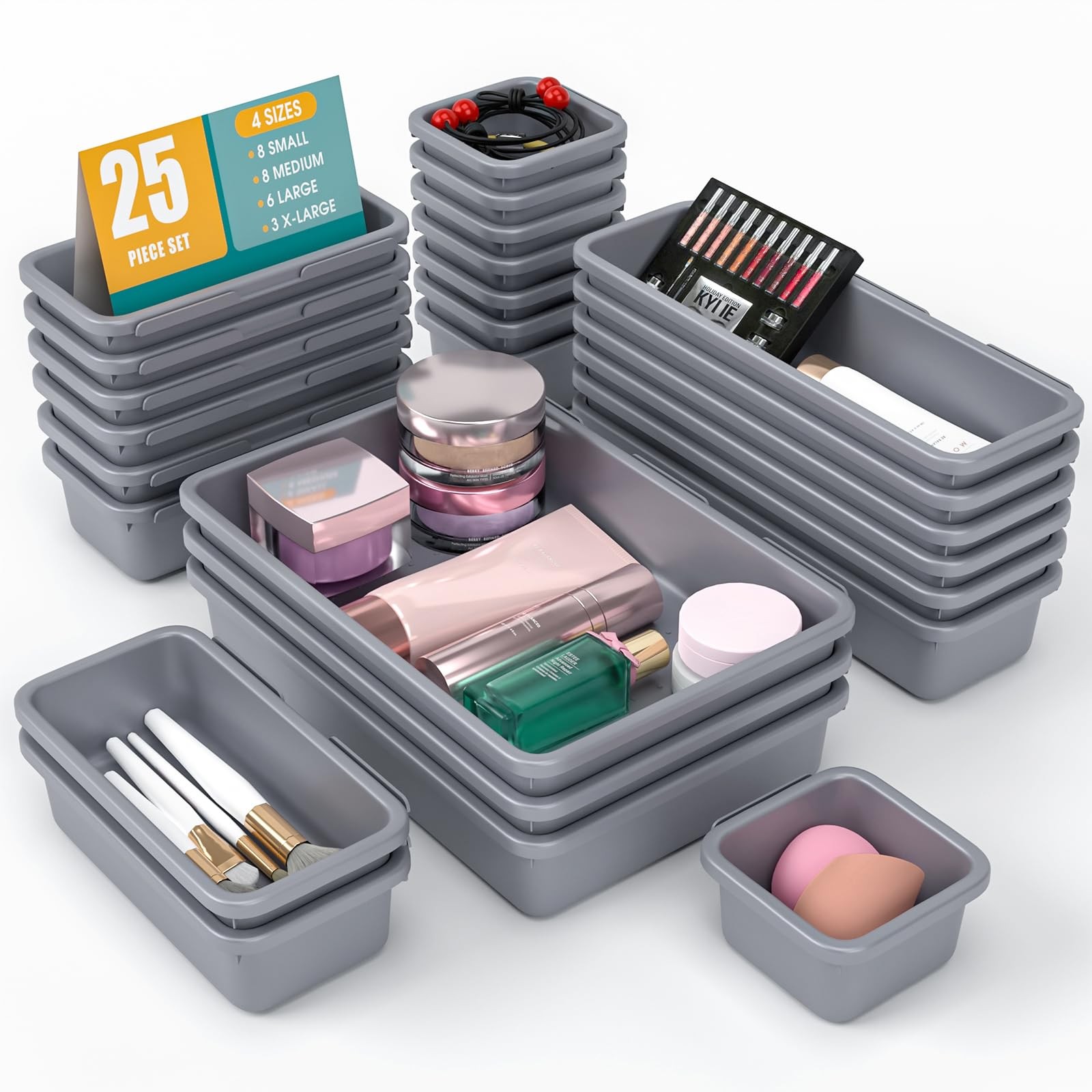 25 PCS Drawer Organizer Set, 4 Size Makeup Drawer Divider Organizer With Non-...