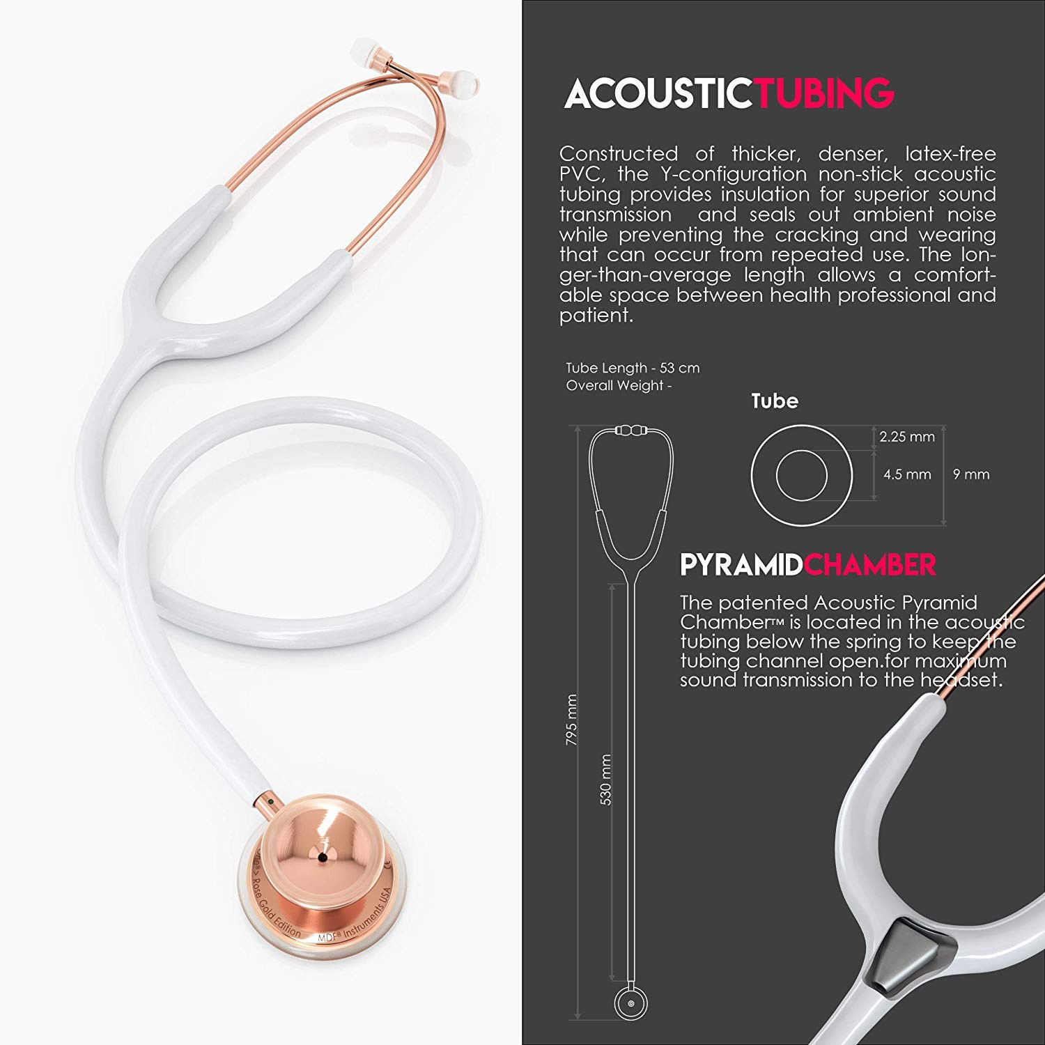 , Rosegold MD One Stainless Steel Stethoscope, Adult, White Tube, Rosegold Ch...