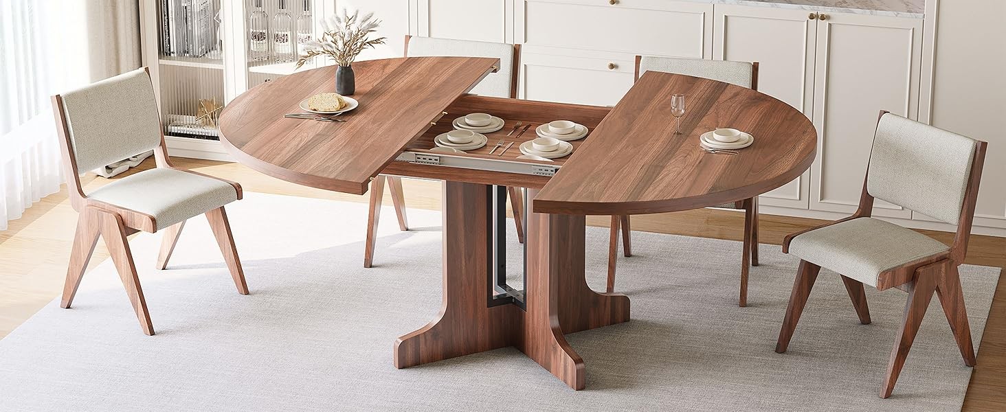 59" Extendable Round Dining Table for 4-6, Modern Kitchen Table with Heavy Duty