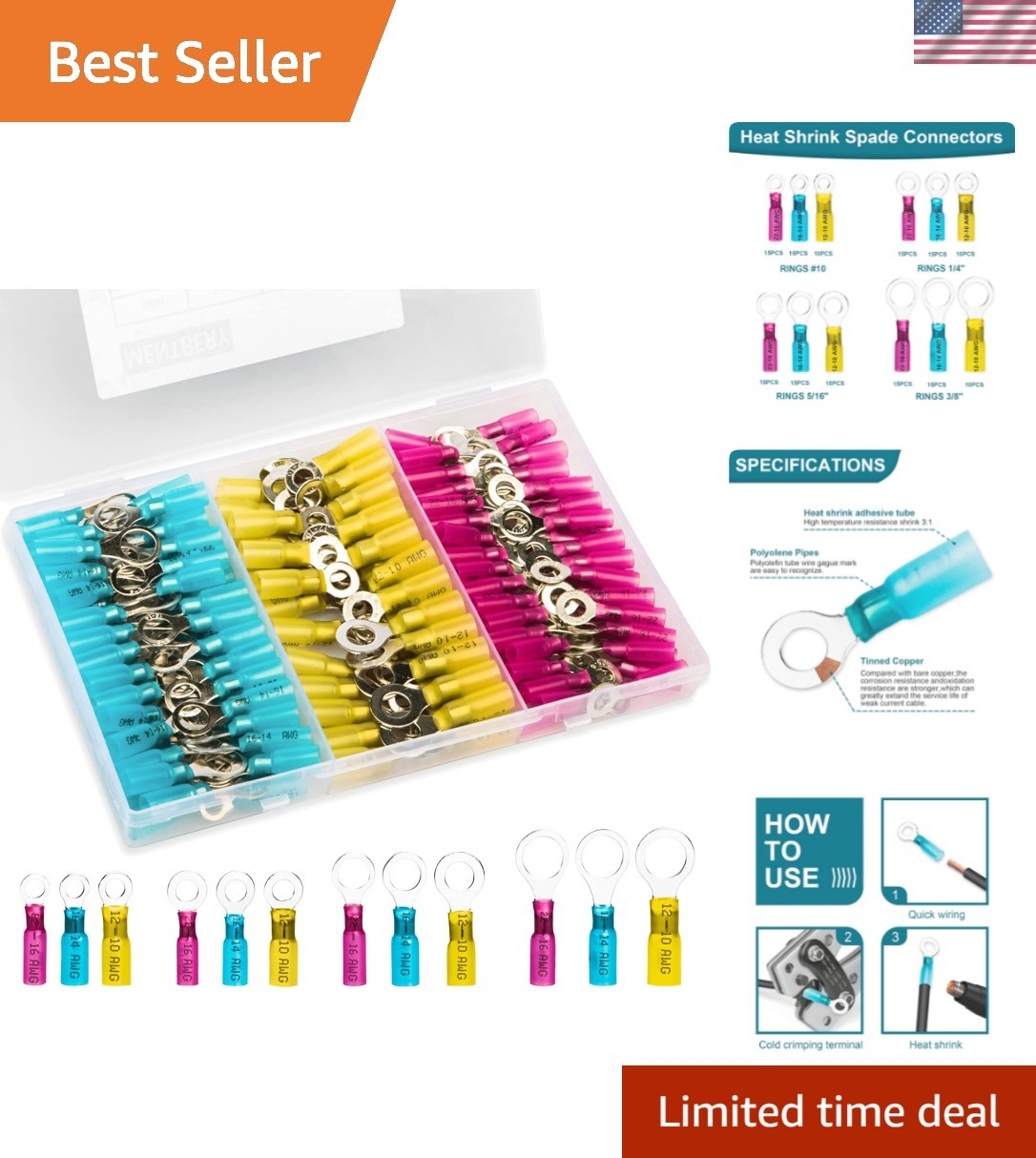 160 PCS Heat Shrink Wire Connectors, 22-10 AWG Ring Terminals Waterproof, 22-...