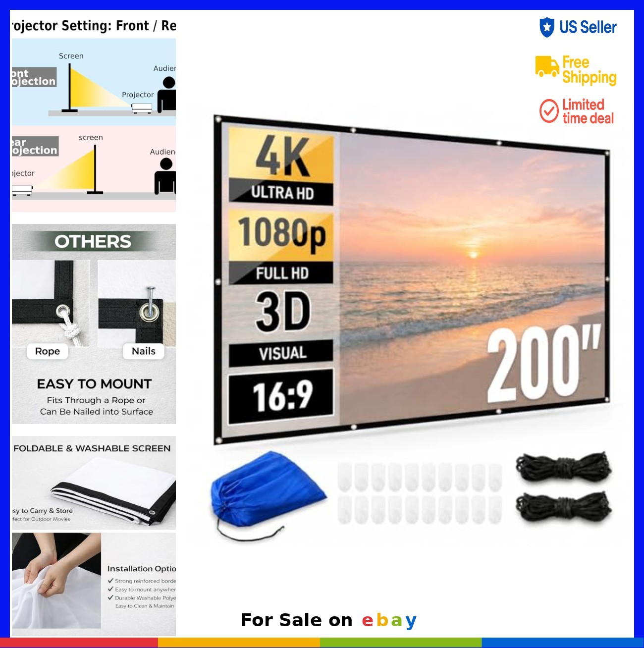 200 Inch Projector Screen Outdoor Indoor 16:9 Foldable Portable Wall Mount