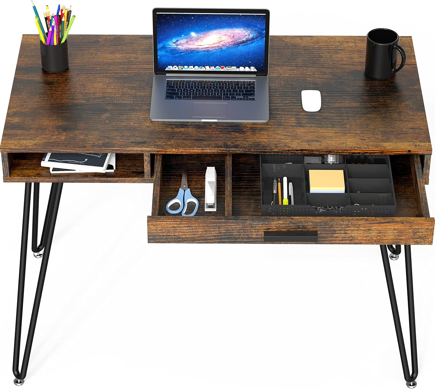 Home Office Computer Hairpin Leg Desk with Drawer Rustic Brown