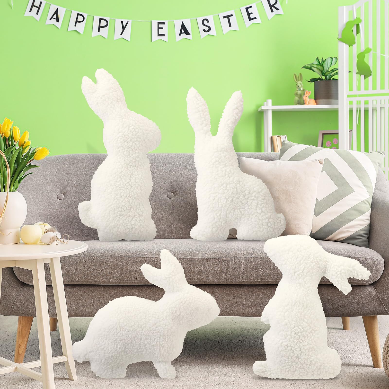 4 Pcs Easter Pillows Decorative Rabbit Shaped Throw Pillow Wool White Bunny P...
