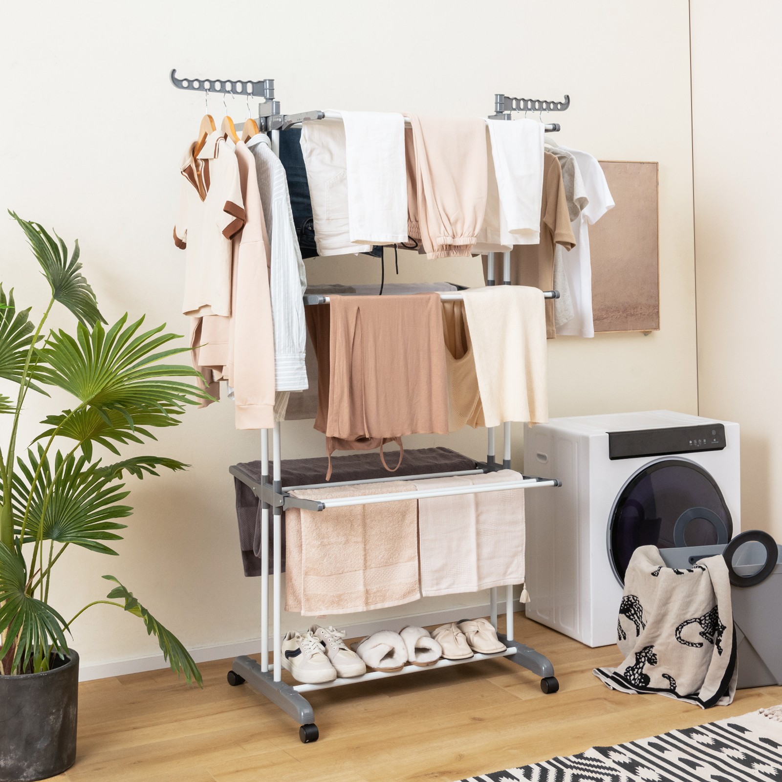3-tier Folding Clothes Drying Rack w/ Rotatable Side Wings & Collapsible Shelves