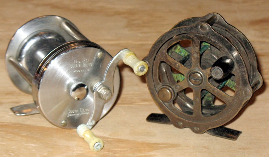 2 VINTAGE FISHING REELS UNION HARDWARE FLY FISHING & SOUTH BEND BAITCASTING