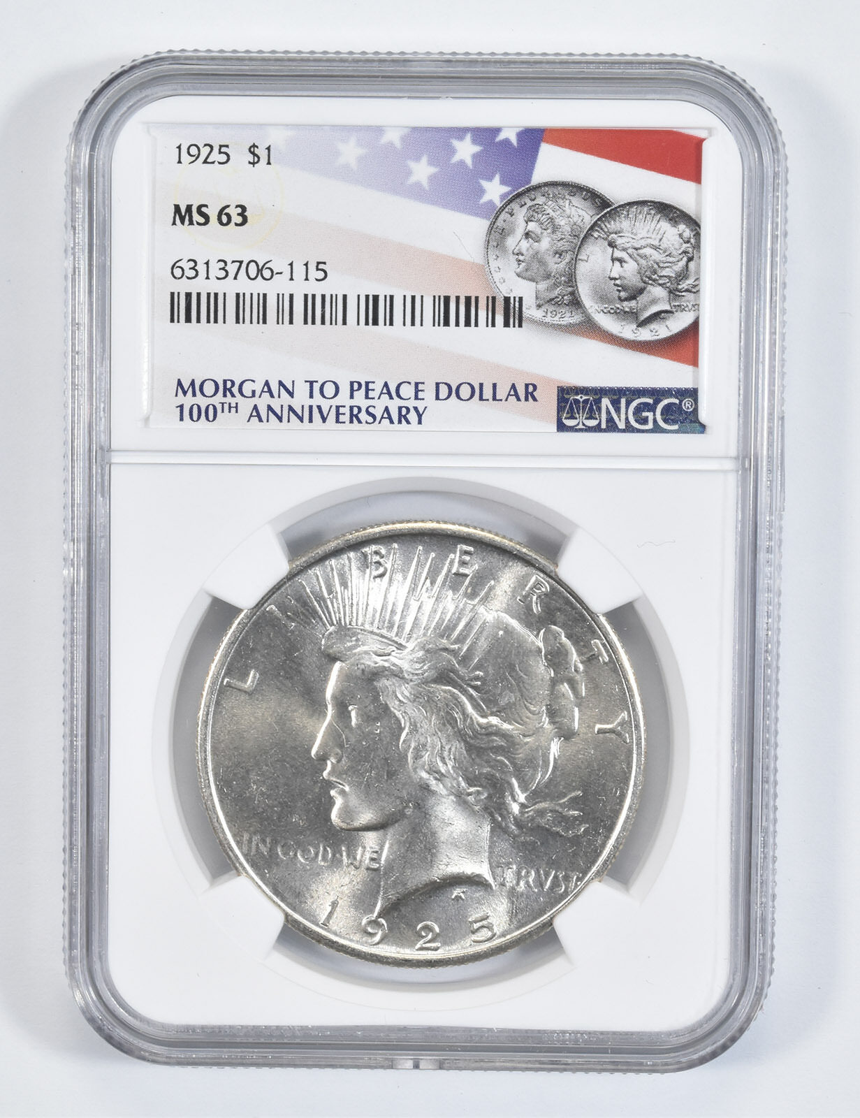 1925 Peace Silver Dollar MS63 NGC 100th Anniv 2021 Flag Label