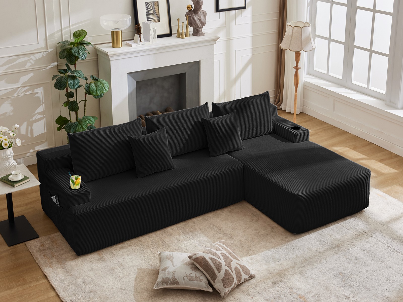 107" Sectional Sofa for Living Room,Black Velvet Couch,L-Shaped Sofa with Chaise