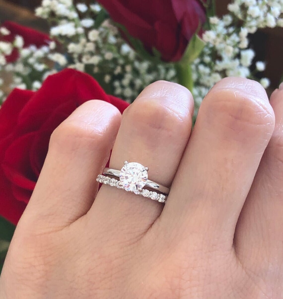 Lab-Created 2.10 Ct Round White Diamond Engagement Ring Set 925 Sterling Silver