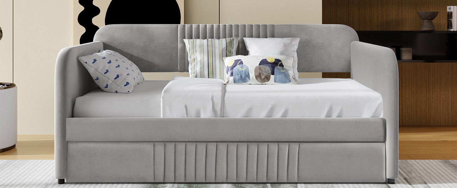 Upholstered Daybed Sofa Bed Twin Size With Trundle Bed and Wood Slat ,Gray