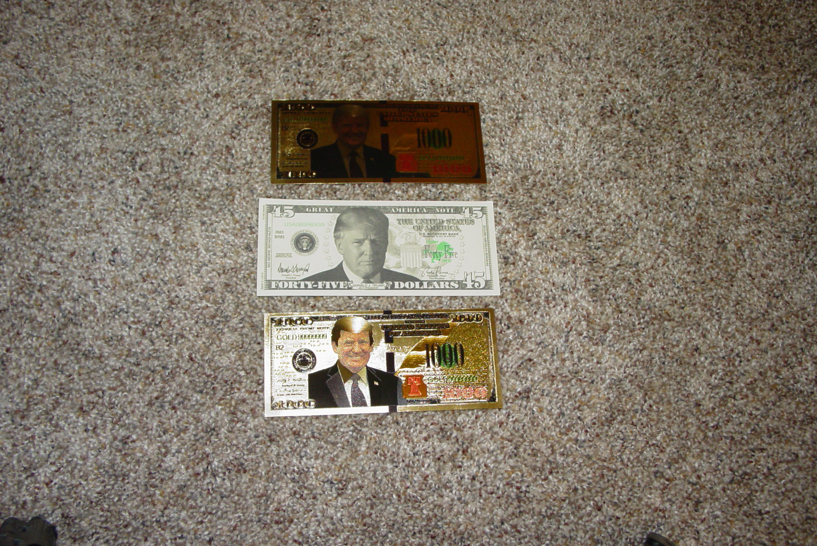 Donald Trump 24K Gold $1,000 Bill x2 and Regular $45.00 Bill