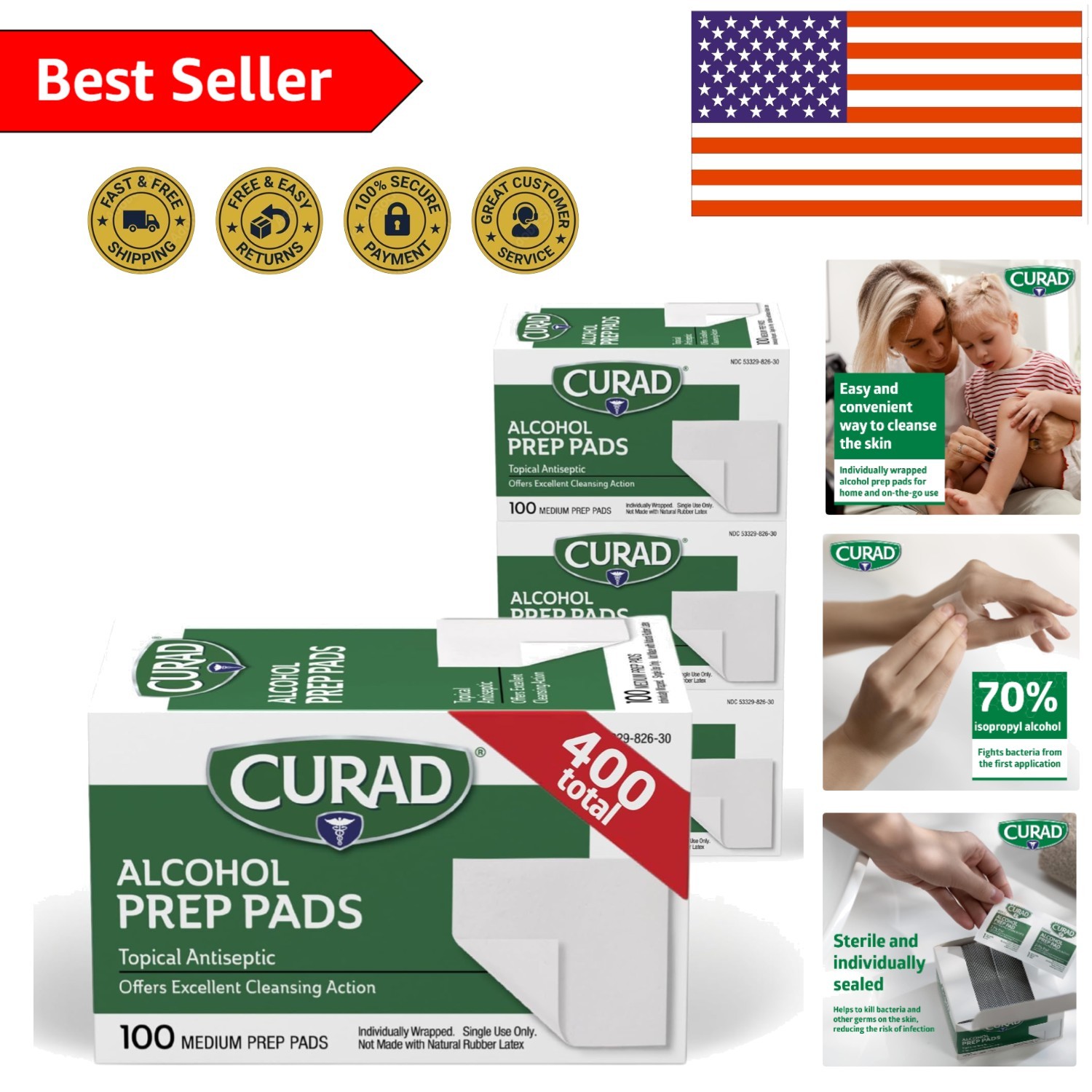 400 Count Alcohol Prep Pads - Individually Wrapped Isopropyl Wipes for First Aid