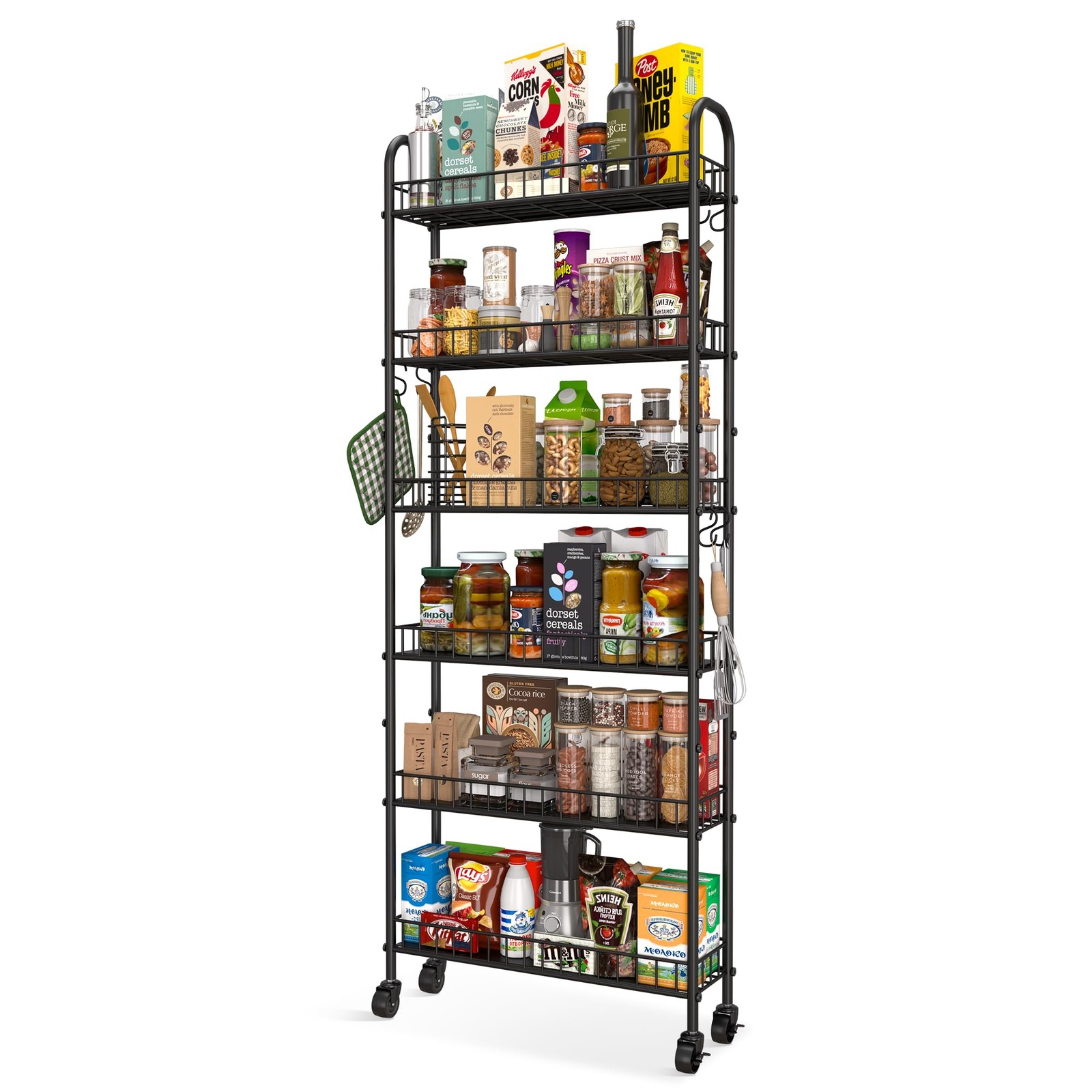 Qiaoxuan Slim Rolling Storage Cart with Wheels, Metal 6 Tier 6inches, Black