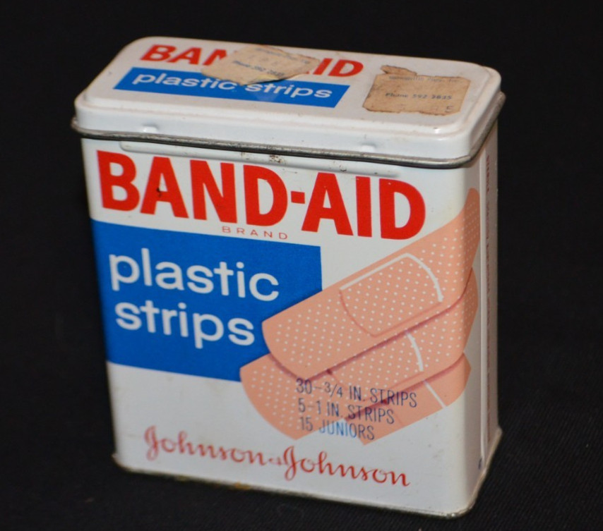Vintage 1970's Johnson & Johnson Band Aid Plastic Strips Empty Metal Tin Box