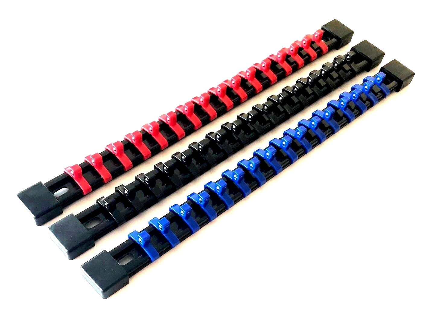 3 GOLIATH INDUSTRIAL 1/4" MOUNTABLE RED/BLACK/BLUE SOCKET RAILS HOLDER ORGANIZER