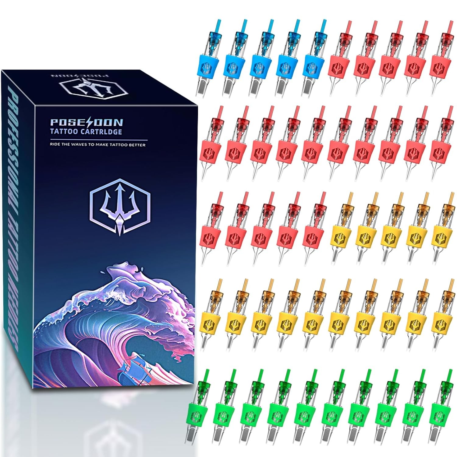 Poseidon 50Pcs Tattoo Cartridge Needles Assorted 50PCS-50MIX, multicolor