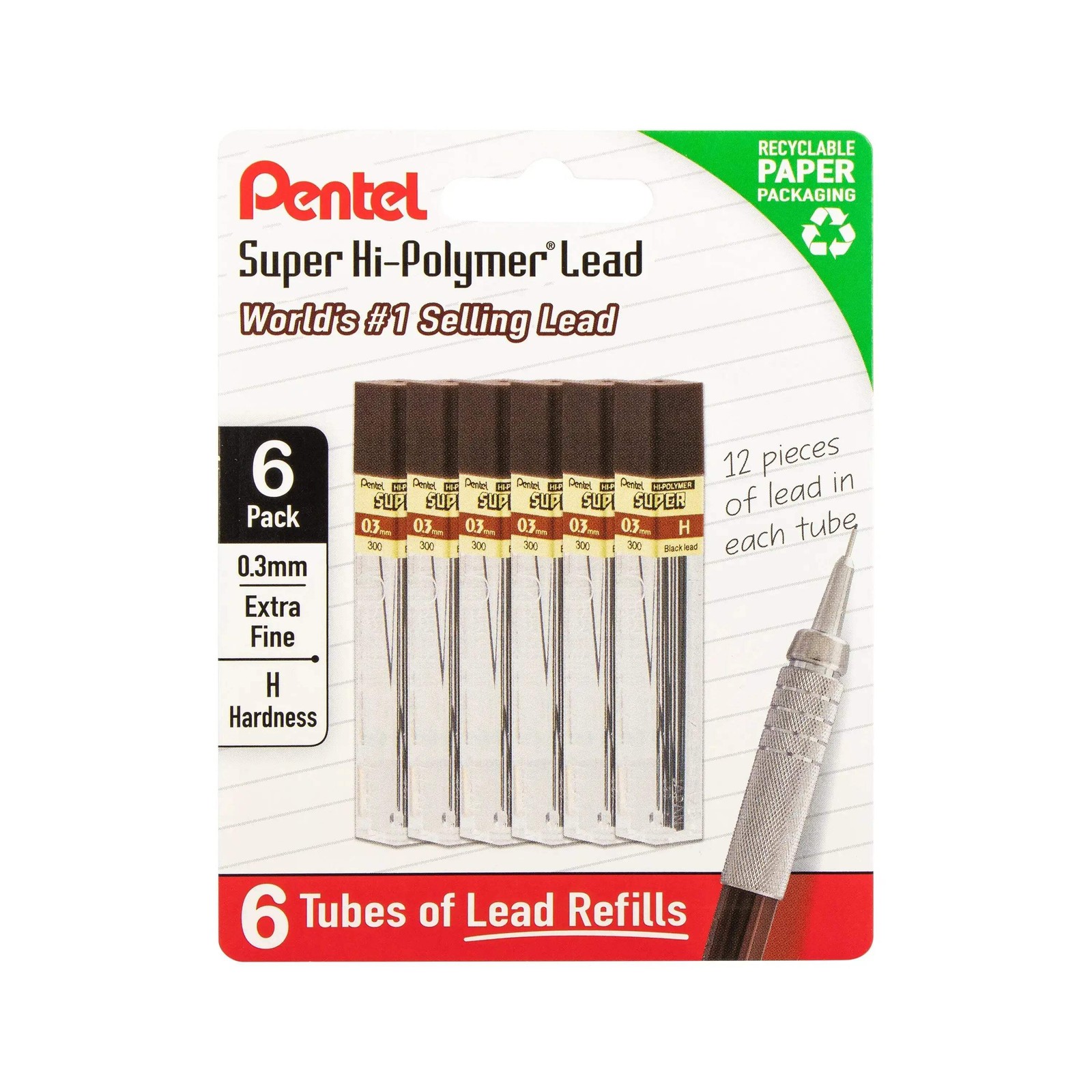 Pentel Super Hi-Polymer Lead Refills, 0.3 mm, H, 72 Pieces (12 pcs per tube, 6 t