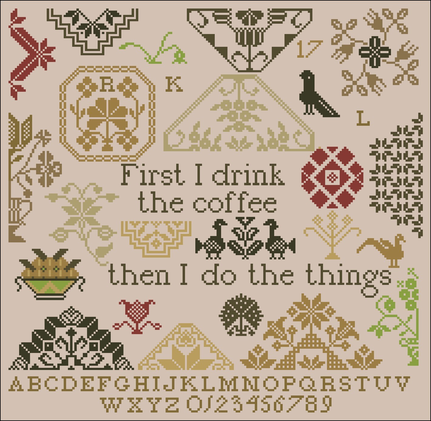 COFFEE QUAKER Cross Stitch Pattern Sampler Nature ABC Vintage DIY