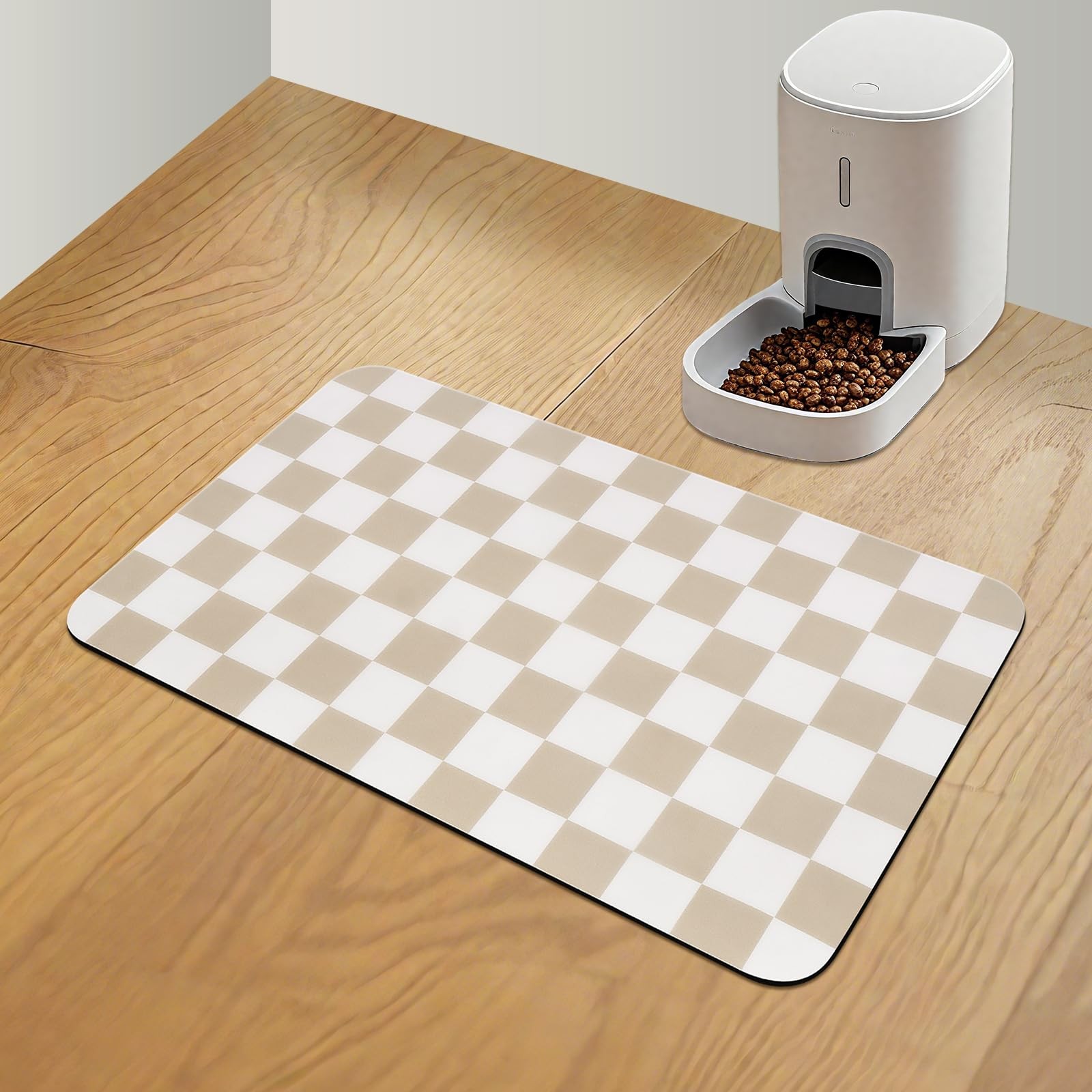 CooRug Checkered Dog Food Mat, Absorbent Leak-Proof Pet 12" x 20", Khaki