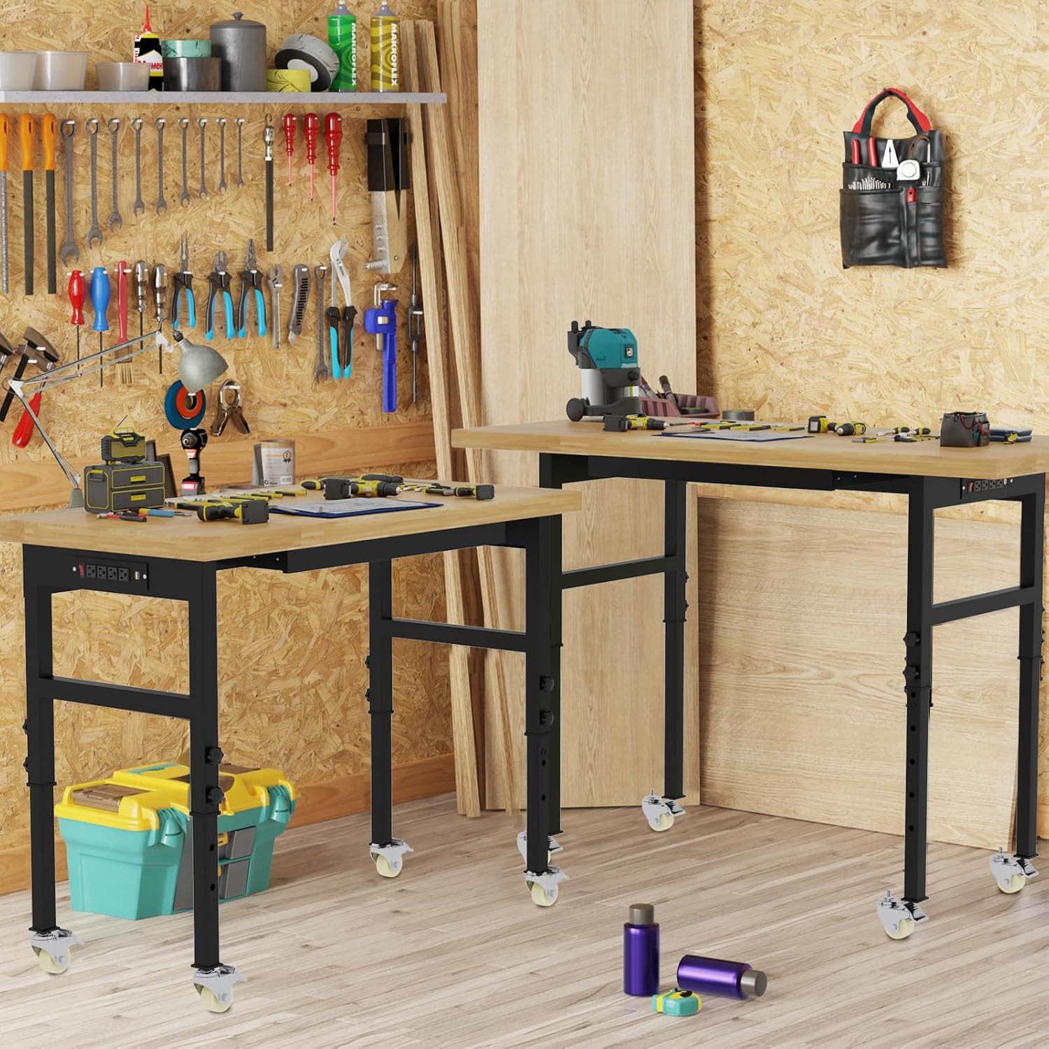 60" Adjustable Workbench with Wheels and Drawer, Solid Wood Rolling Work Bench T