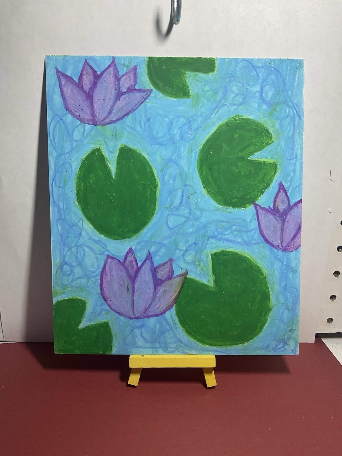Sindy Fuhr Original Art Oil Pastel Drawing 8x9.5 Inch Title Violet Water Lillys