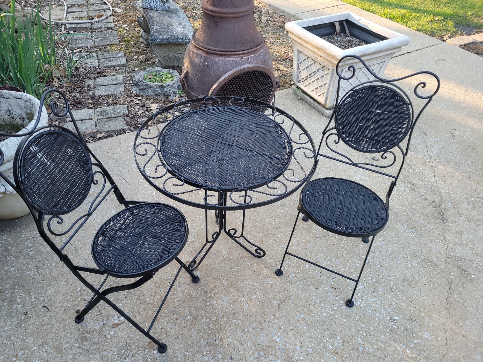 Rare, Vintage Wrought Iron & Wicker Bistro Set with Table & 2 Folding Chairs
