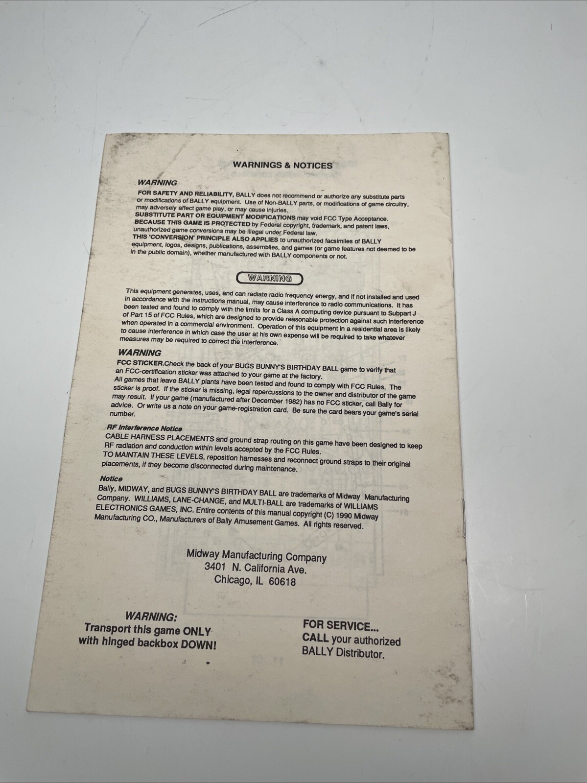 Williams Bugs Bunny Birthday Ball Operators Handbook