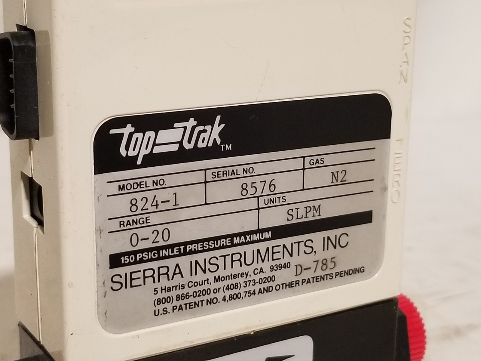 Sierra Instruments top-trak 824-1, gas flow meter, N2 gas, 0-20SLPM, 150PSIG max