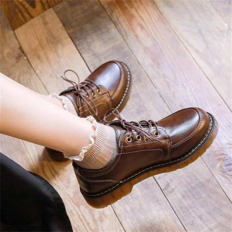 Women's Shoes Ladies Leather Female Round Toe Sewing Retro Comfortable Footwear