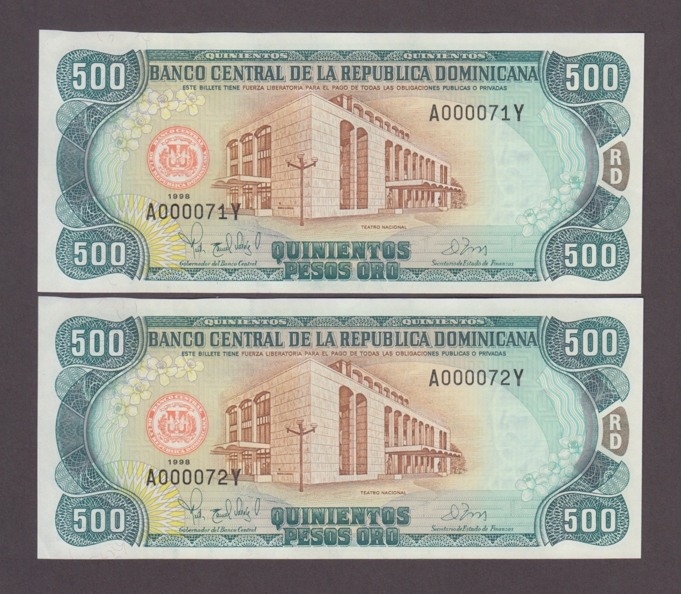 DOMINICAN REPUBLIC P.157c-0071-0072y 500 PESOS ORO 1998 A-Y CRISP UNC WE COMBINE
