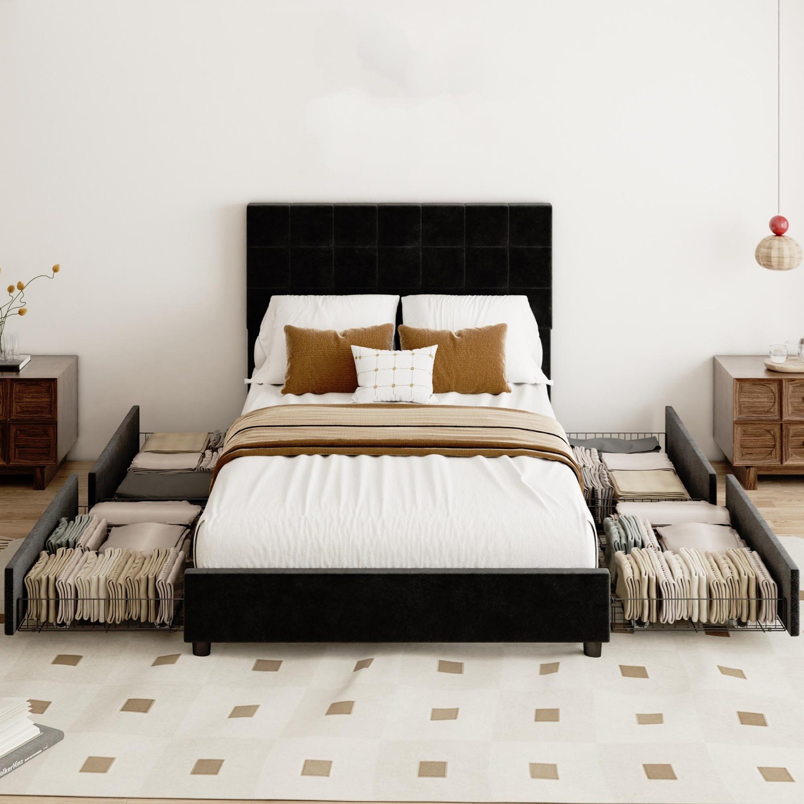 Modern Black Bed Frame Full Platform Bed 4 Storage Drawers Bedroom Furniture