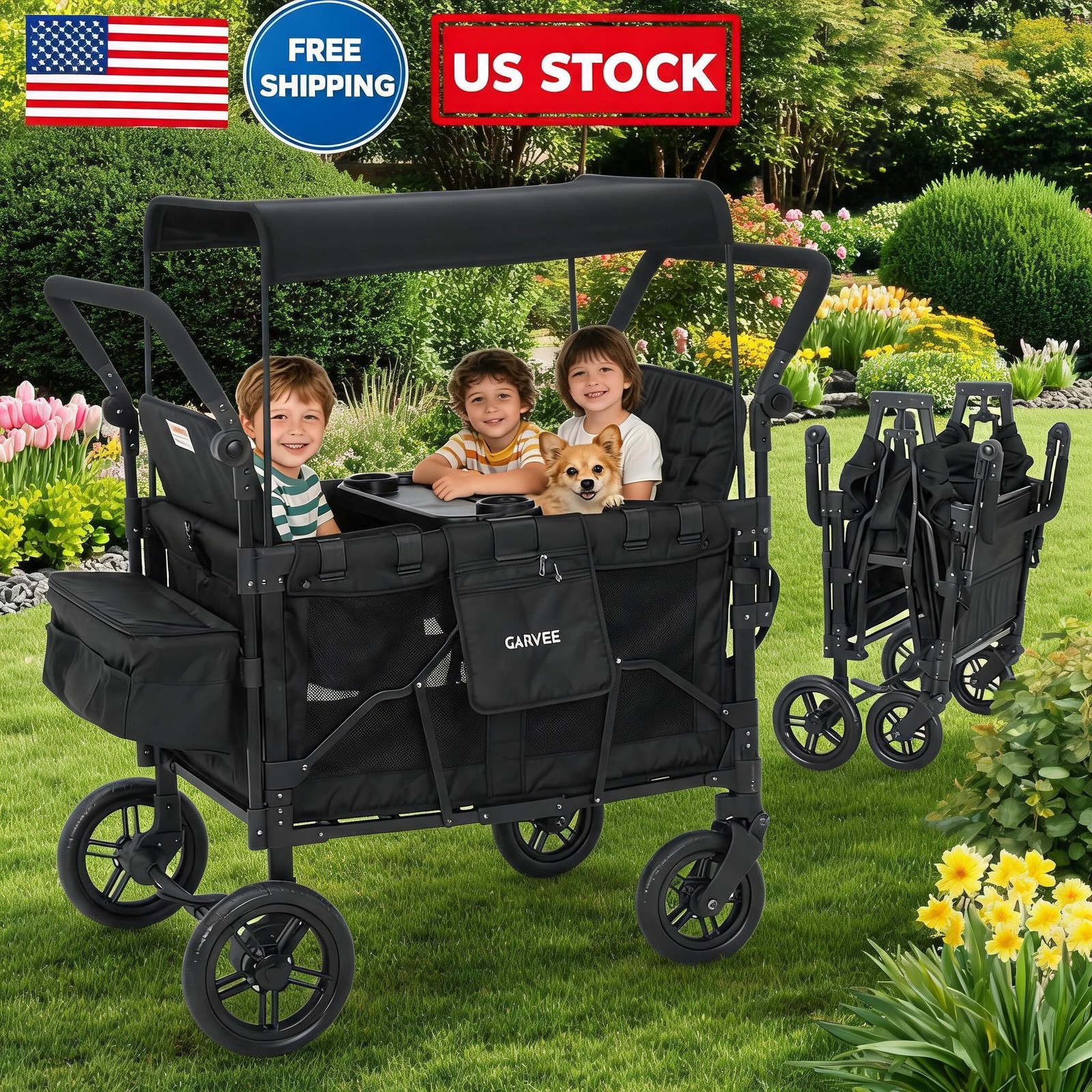 4 Seater Stroller Wagon Premium Quad Stroller Wagon for 4 Kids Adjustable Push