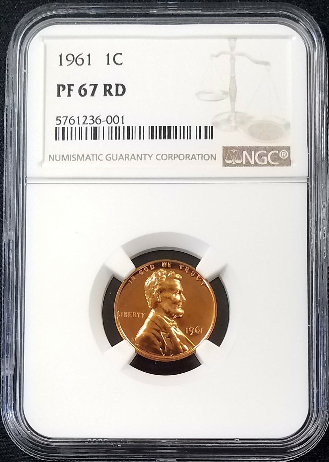 1961 Proof Lincoln Cent certified PF 67 RD by NGC!