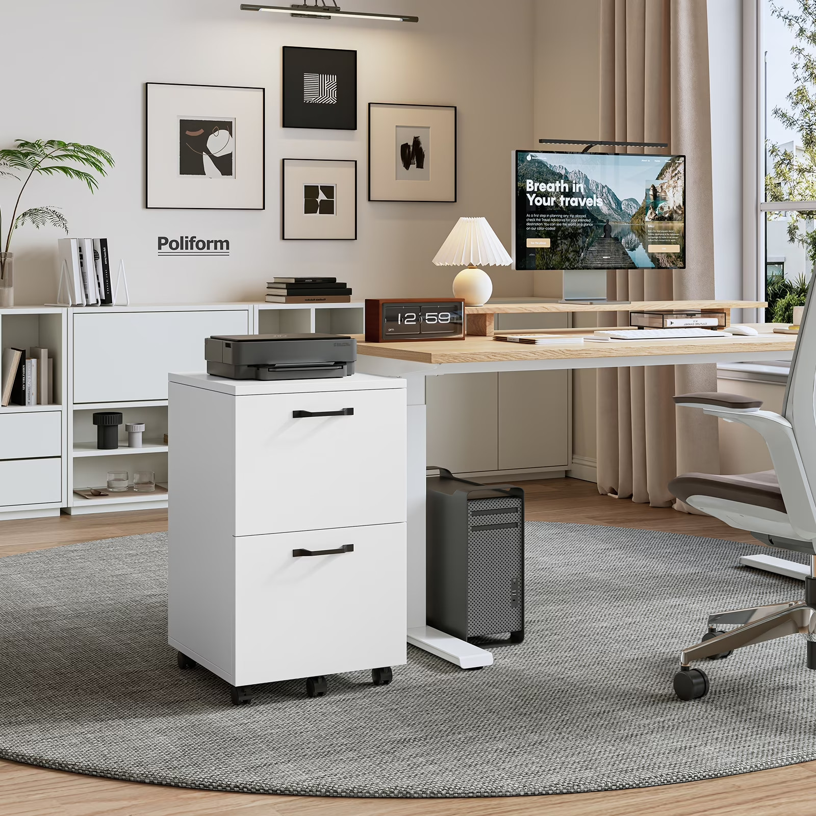 Gianna 2-Drawer Rolling File Cabinet w/ Lockable Wheels, Printer Stand, White