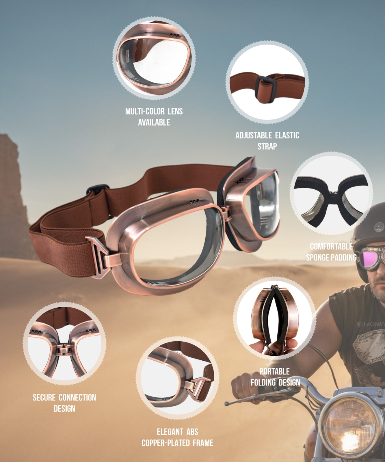 New CRG Vintage Bike Aviator Pilot Motorcycle Cruiser Scooter Goggles