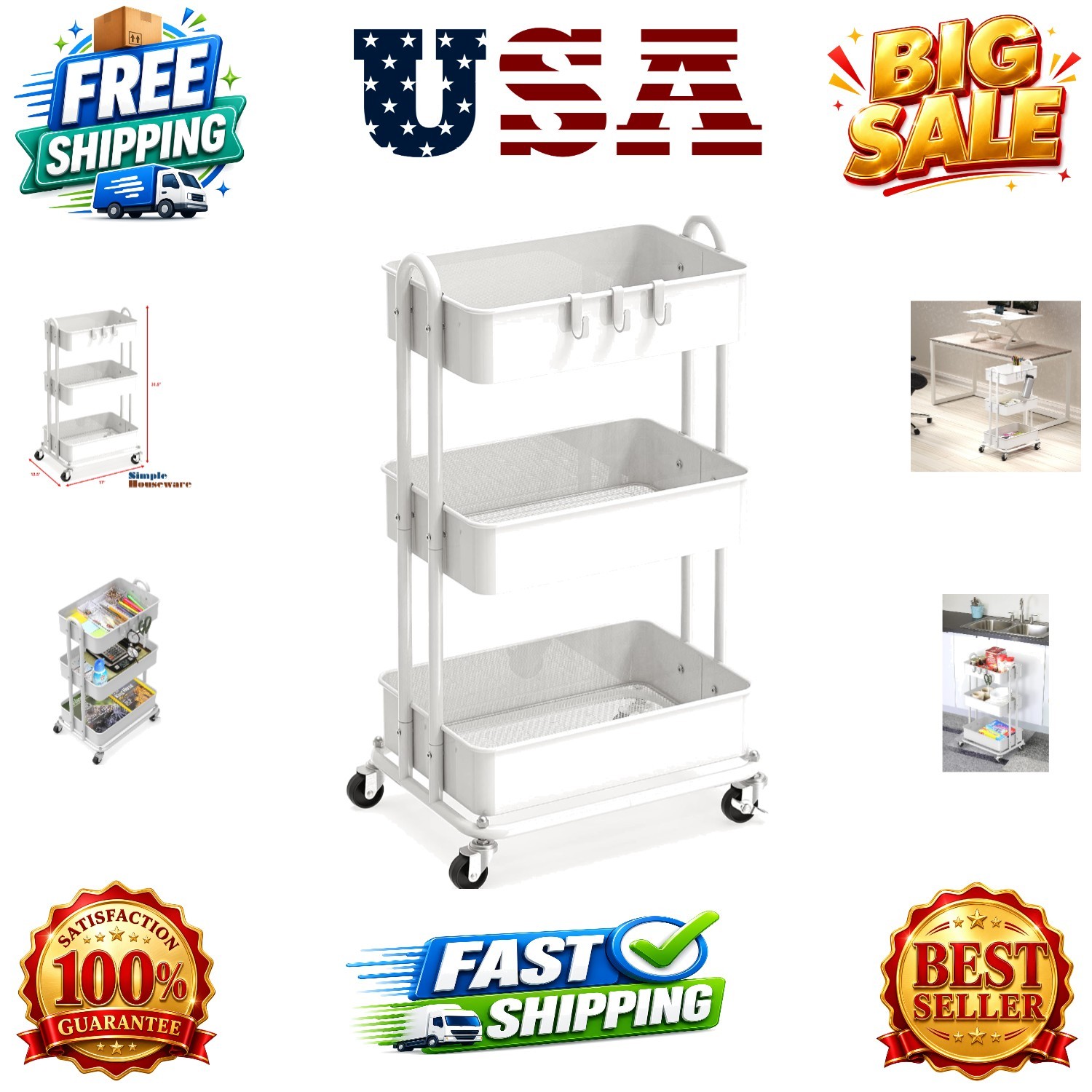 3-Tier Heavy Duty Metal Utility Rolling Cart, White