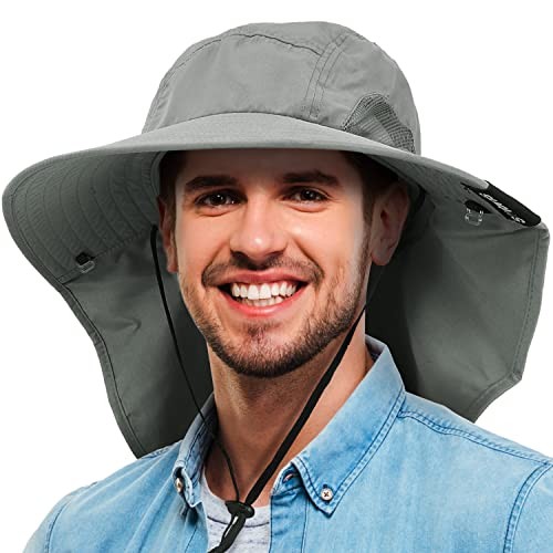 Neck Flap Fishing Safari Cap for Men & Women, Wide Brim Sun Hat One Size #Grey