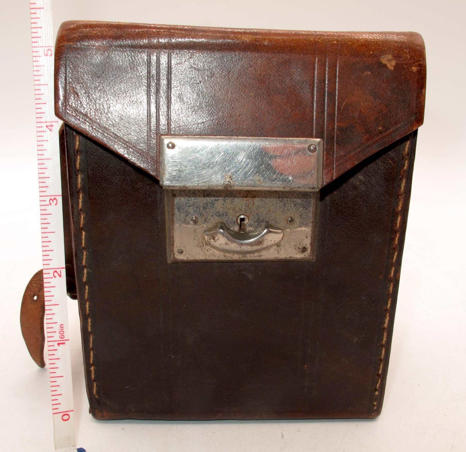 *VINTAGE* BROWN HARD CASE 5"x 5.5" x 3" WITH STRAP-PURPLE INTERIOR