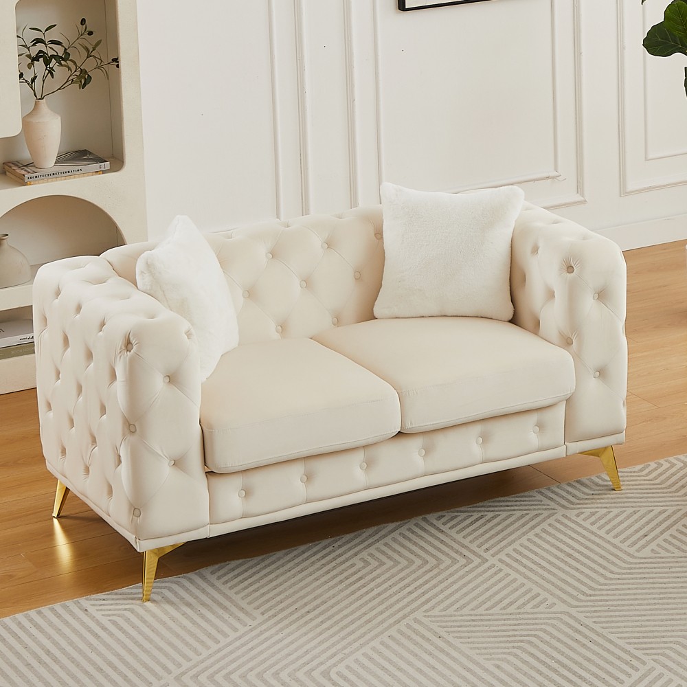 Modern Velvet Chesterfield Sofa w/ Quilted Button Accents & 2 Pillows