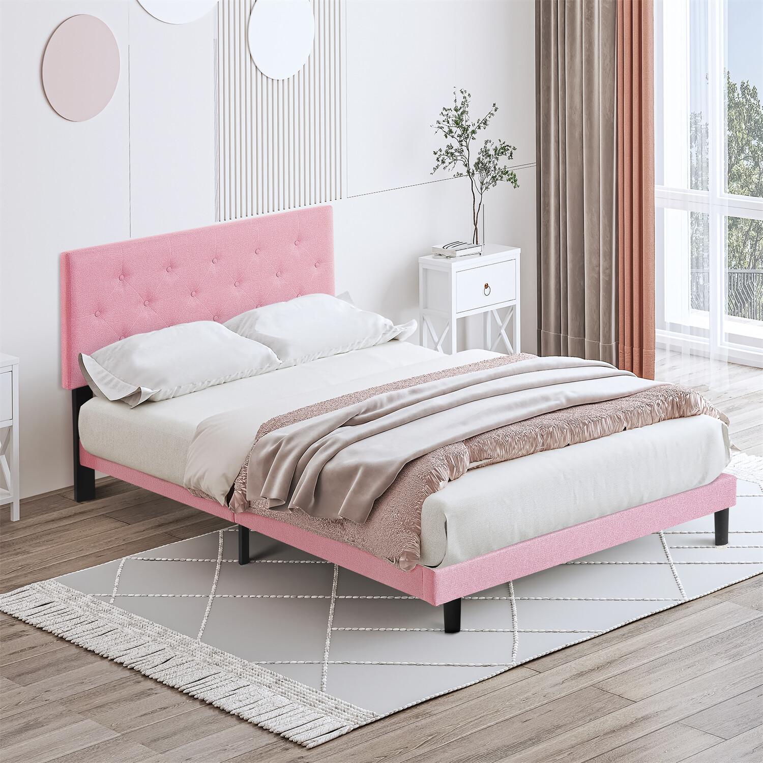 Full Size Bed Frame Upholstered Platform Bed with Upholstered Headboard Pink US
