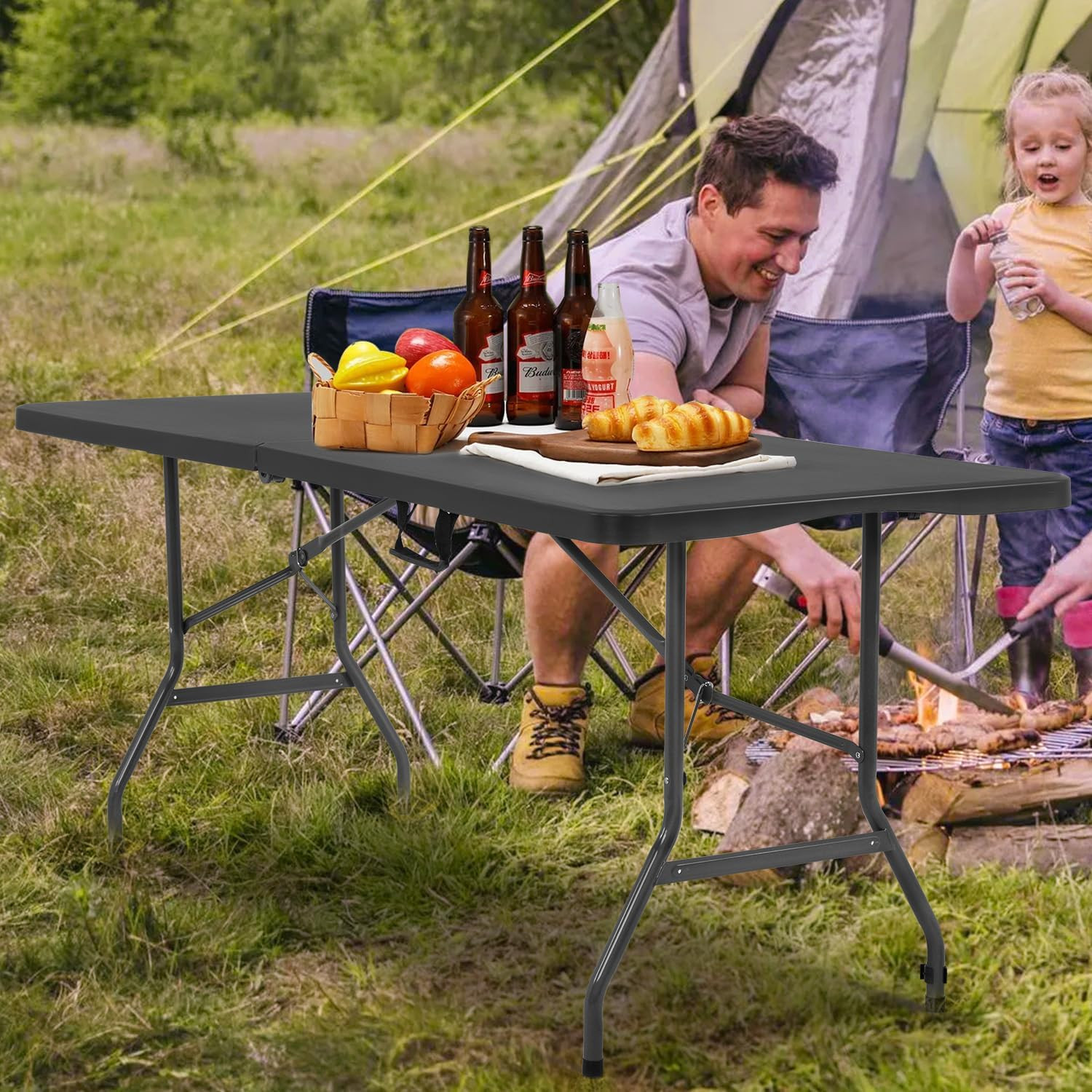 Folding Half Portable Foldable Table for Parties Backyard Events (White, 6 FT 70