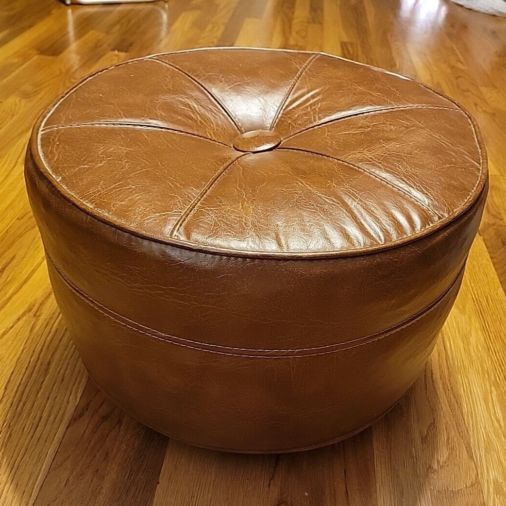 Vtg 1950s Mid Century 17" Round Brown Vinyl Hassock Ottoman Stool with Wheels